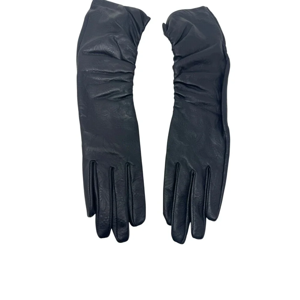 Adolfo Dominguez Black Ruched Leather Long Gloves womens Size 7½